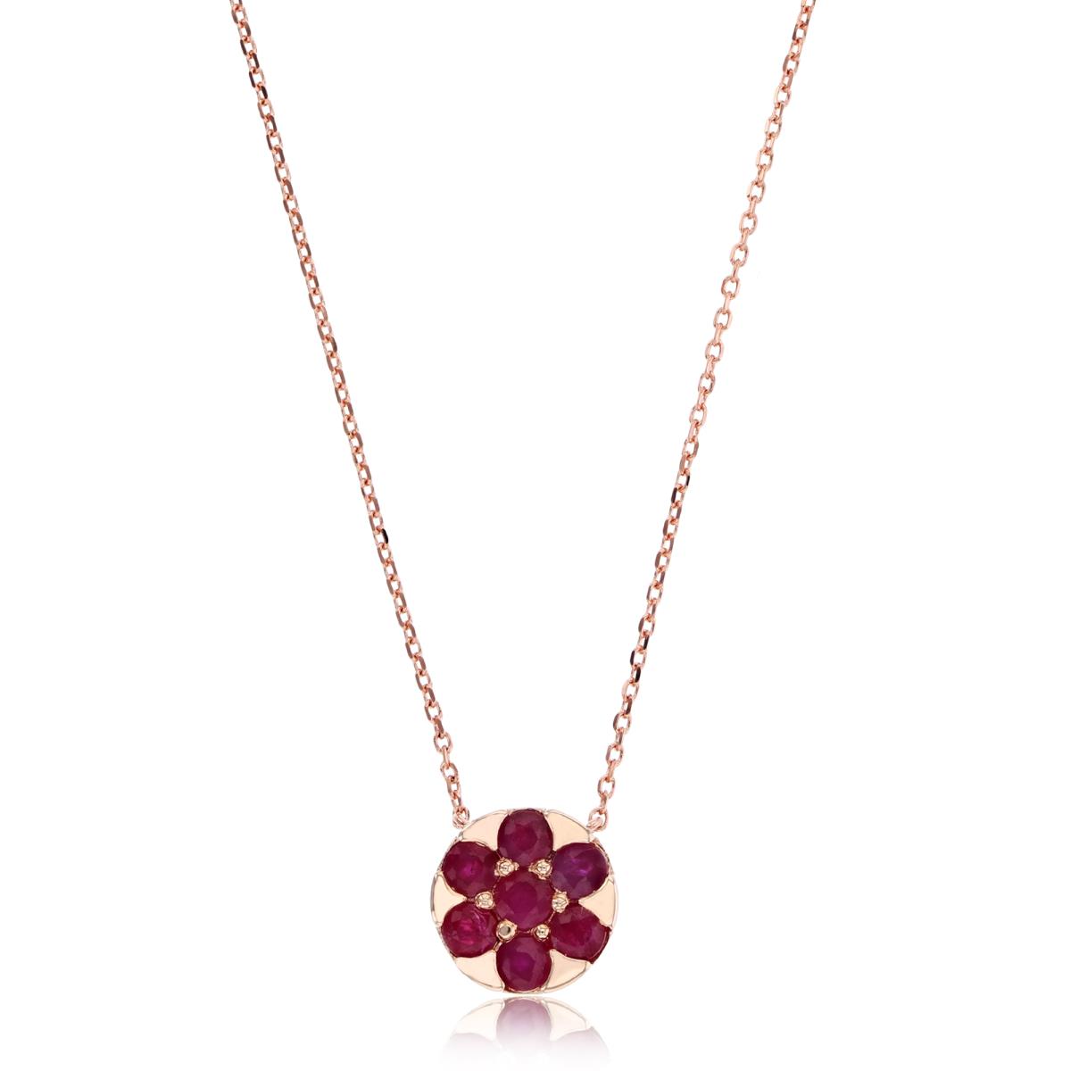 14K Rose Gold 3mm Round Ruby Flower 16+1+1"Necklace