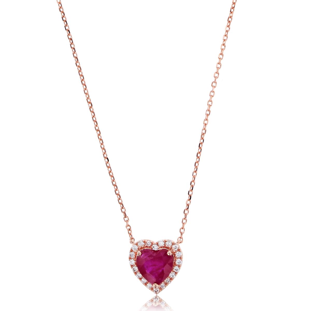 14K Rose Gold 0.10cttw Rnd Diamonds & 6mm HS Ruby Heart 16"+1"+1"Necklace