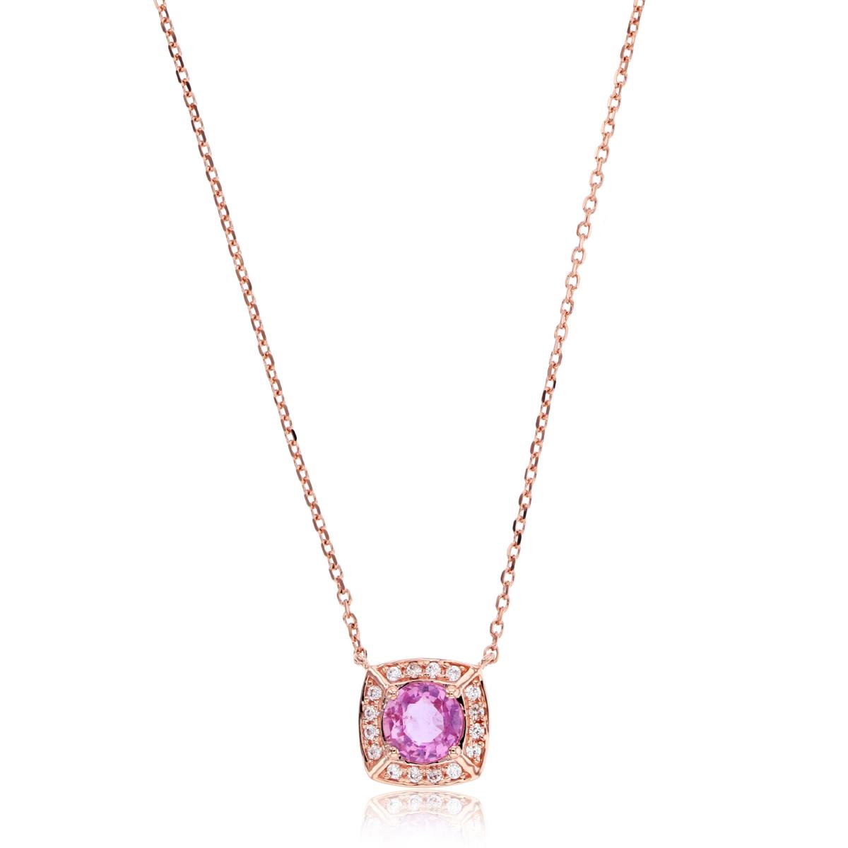 14K Rose Gold 0.08cttw Rnd Diamond & 5mm Rnd Pink Sapphire Cushion 16"+1"+1"Necklace