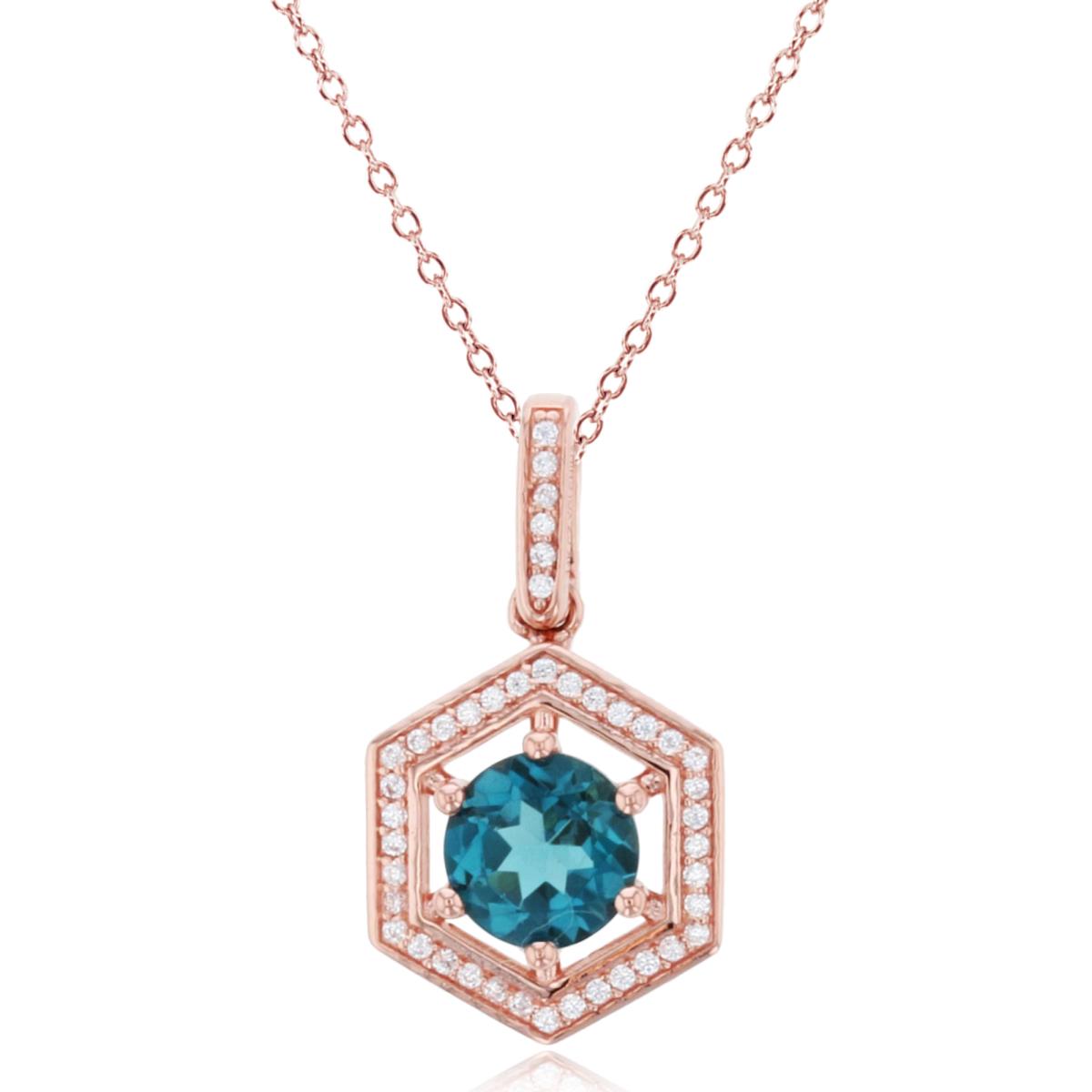 14K Rose Gold 0.126cttw Rnd Diamond & 6mm Rnd London Blue Topaz Hexagon 16+1+1"Necklace