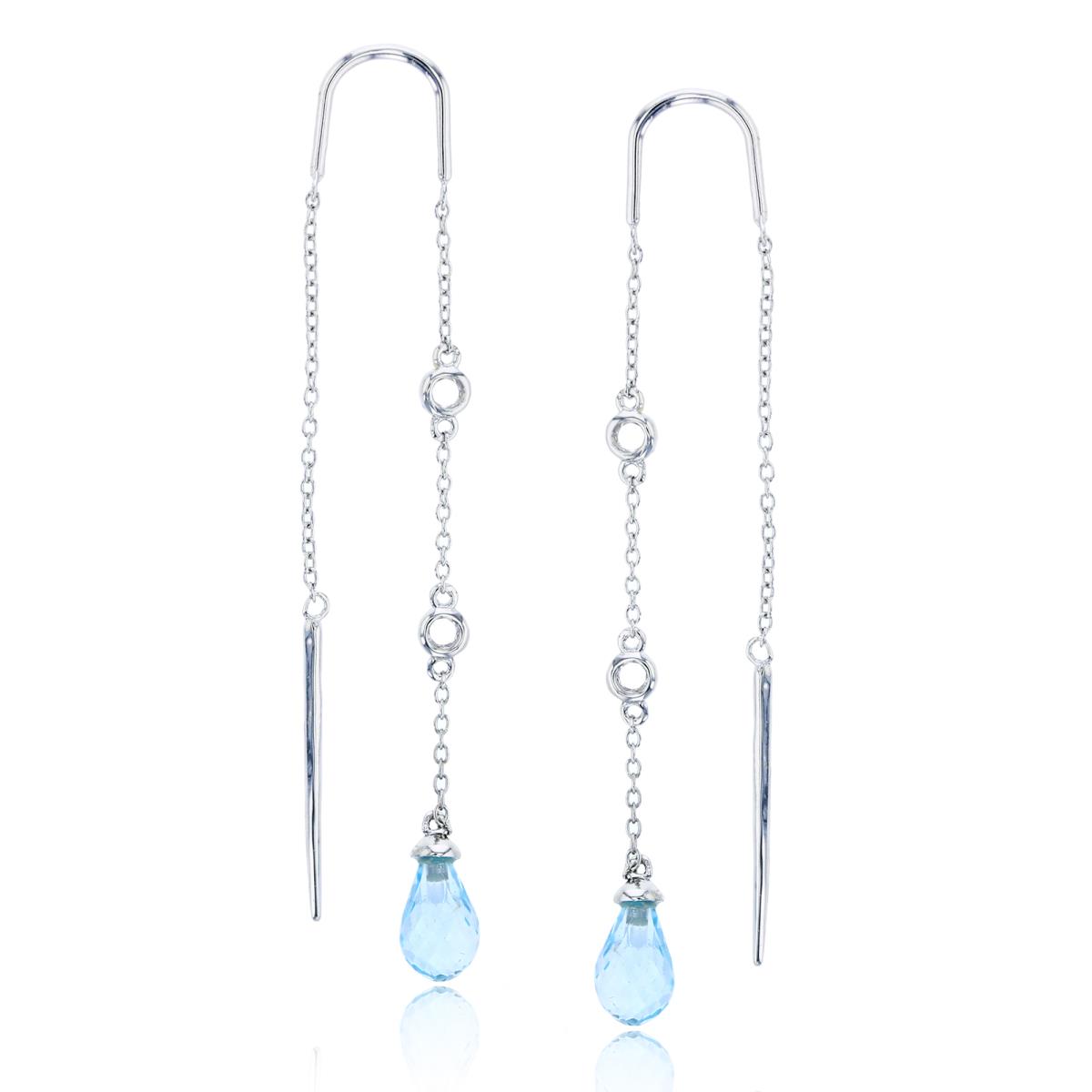 14K White Gold 7x5mm Sky Blue Topaz Briolette & Rnd White Sapphire Dangling Earrings