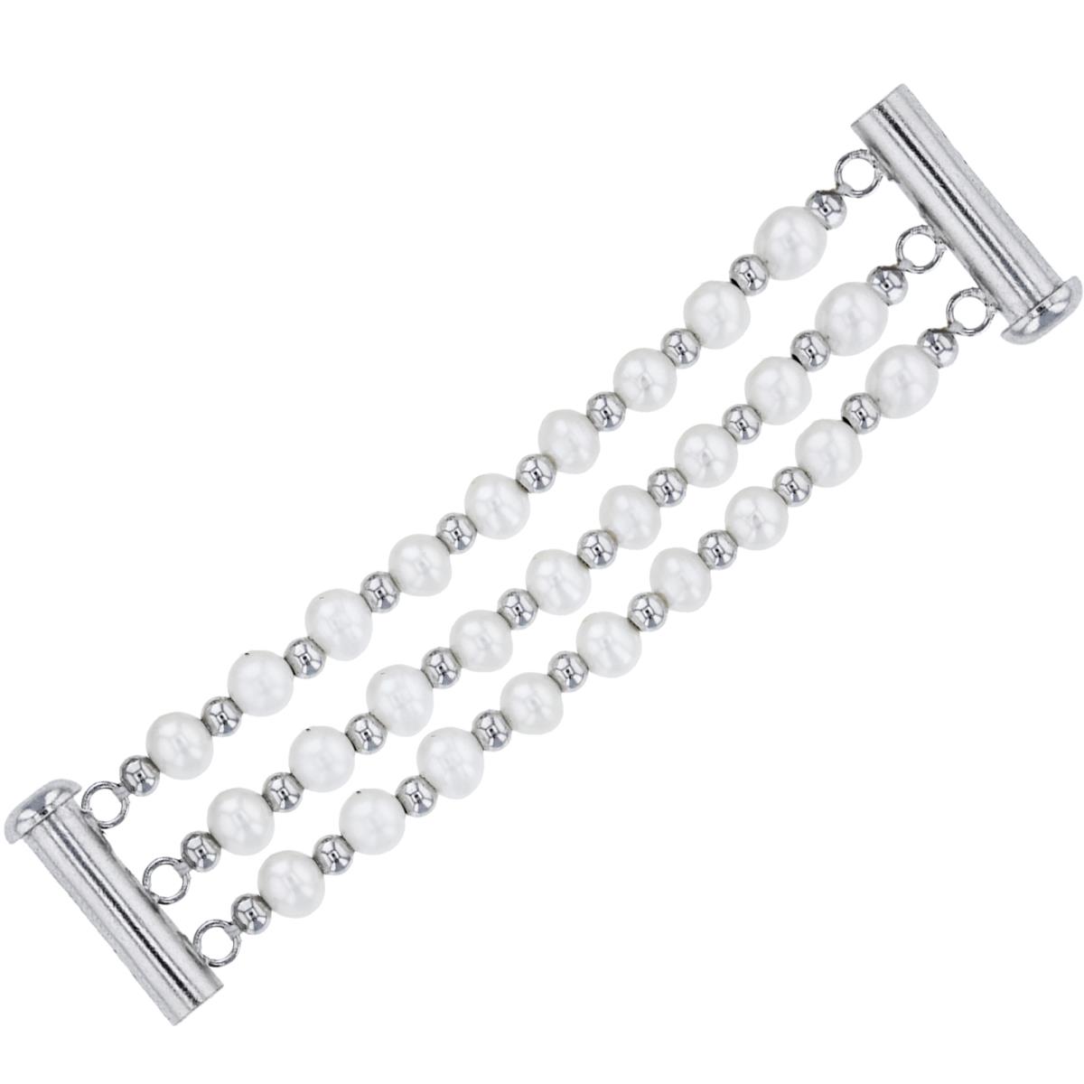Sterling Silver Rhodium 5-6mm Freshwater Pearls 3-Row 7.25" Bracelet