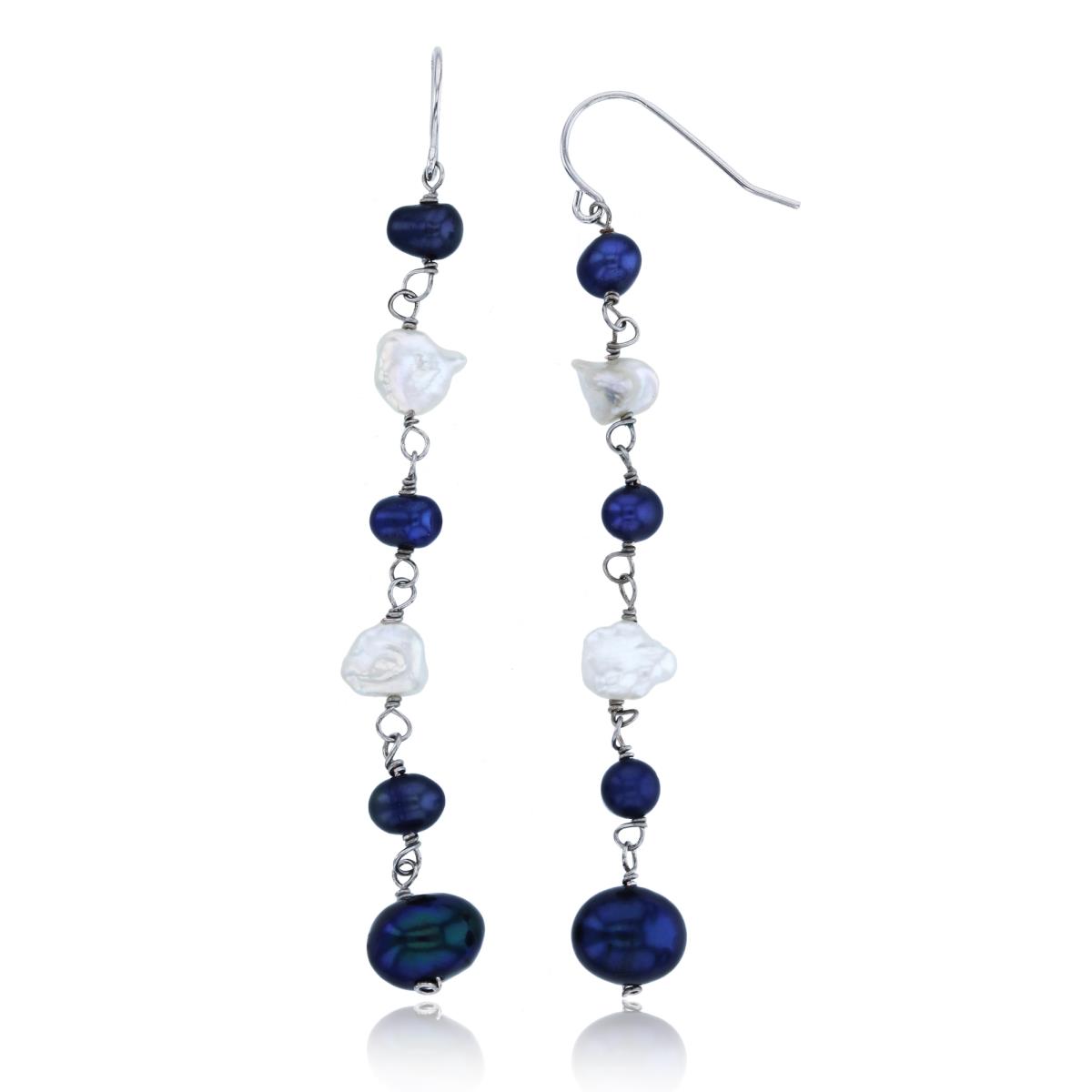Sterling Silver Rhodium Near Round Dyed Blue FWP & Nugget Kashi FWP FishHook Earring
