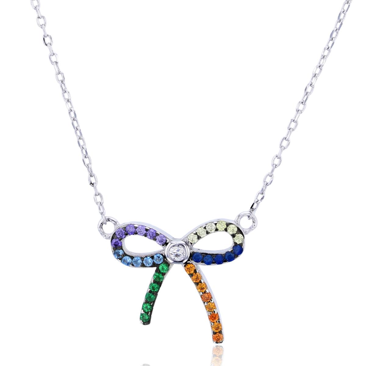 Sterling Silver Rhodium Multi Color CZ Bow 17"+2" Necklace