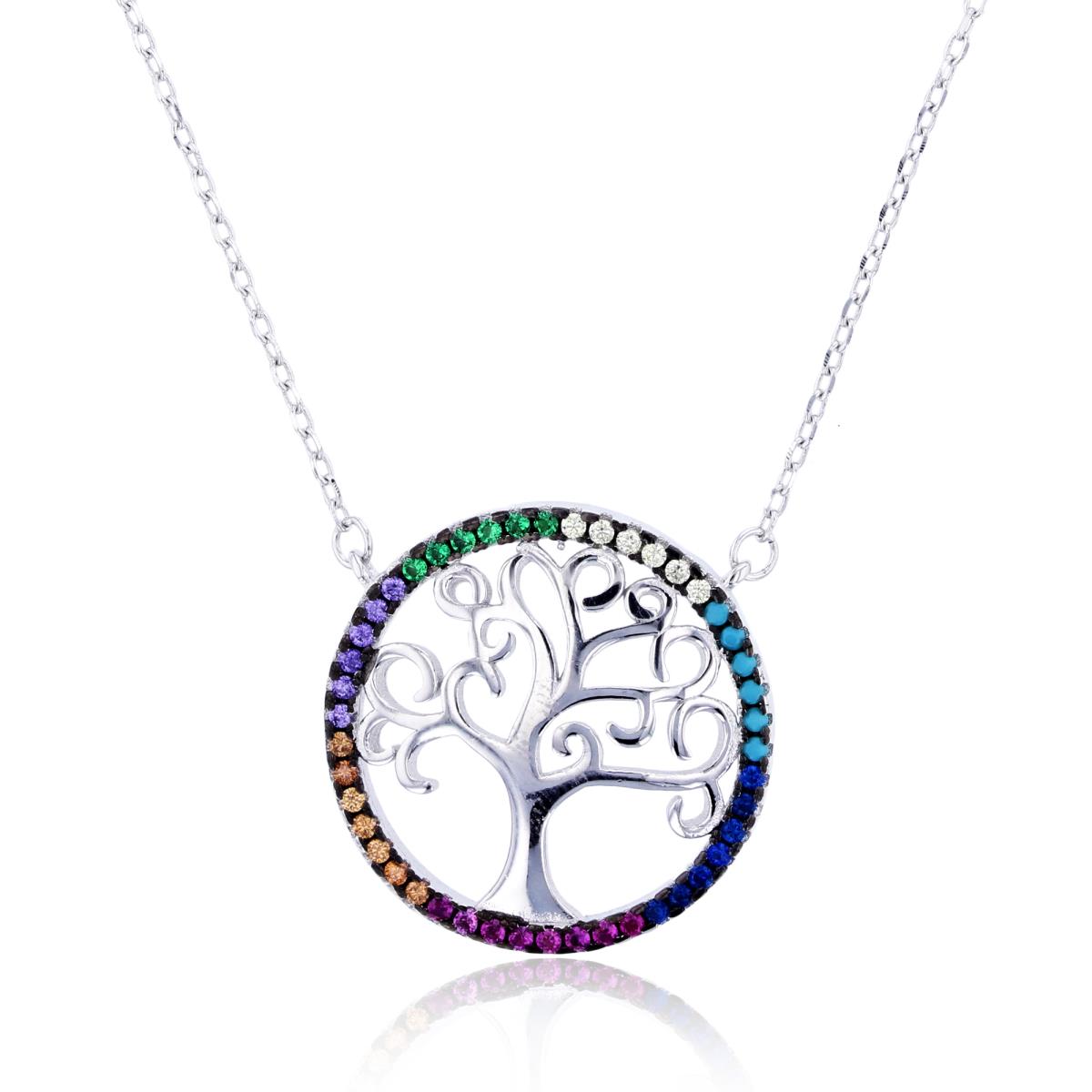 Sterling Silver Rhodium Multi Color CZ Polish Tree Of Life 16"+2" Necklace