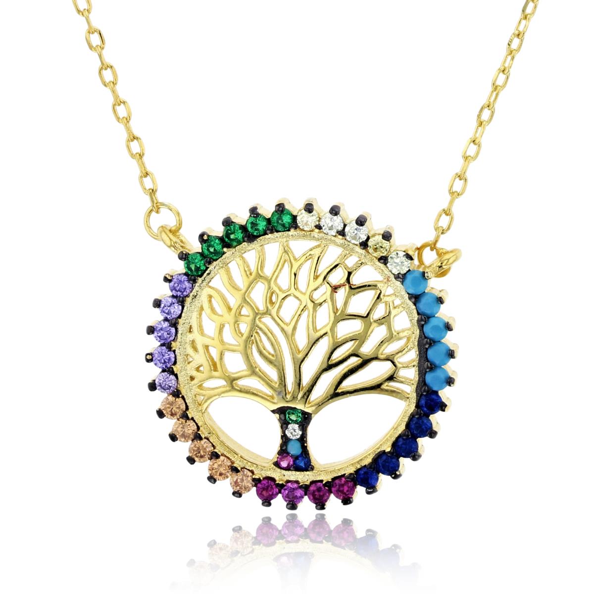 Sterling Silver Yellow Multi Color CZ Tree Of Life 16"+2" Necklace