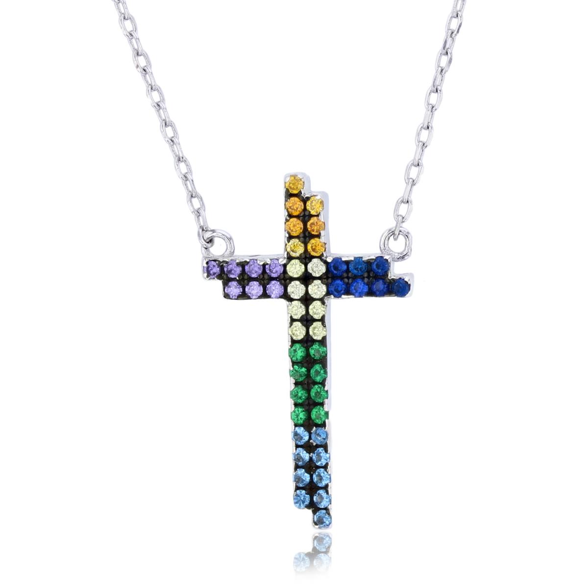 Sterling Silver Rhodium Multi Color CZ Cross 16"+2" Necklace