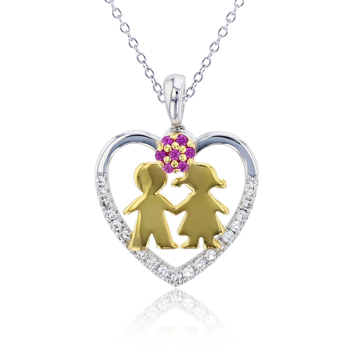 14K White/Yellow Gold Rnd Cr Ruby & Cr White Sap Heart with Boy/Girl 18"Necklace