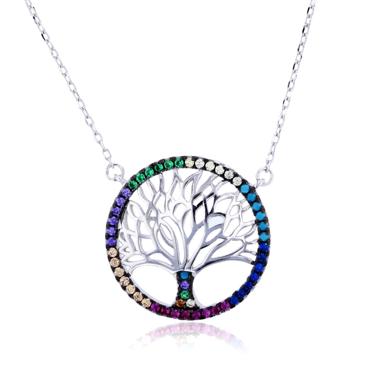 Sterling Silver Rhodium Multi Color CZ Rd Tree Of Life 16"+2" Necklace