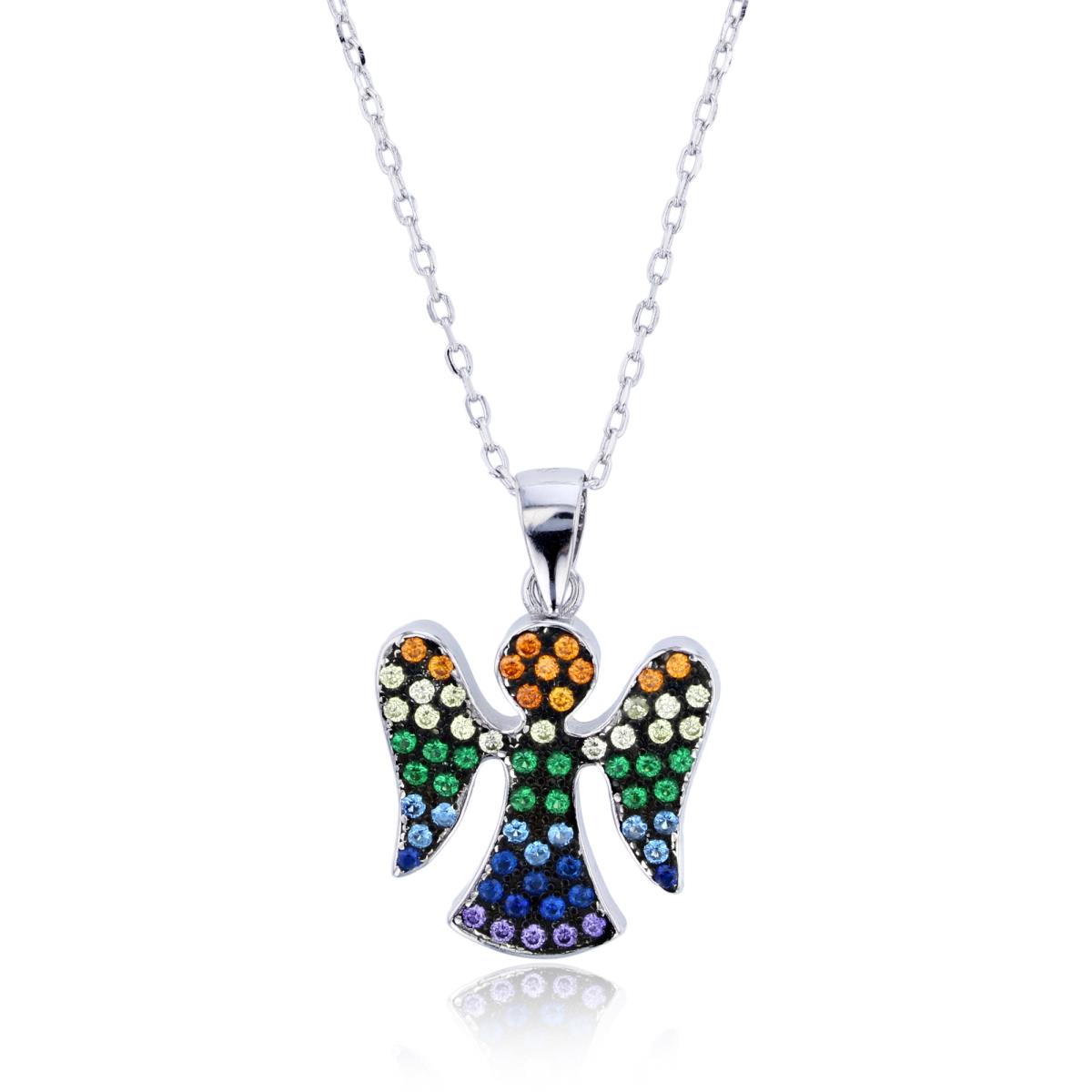 Sterling Silver Rhodium Multi Color CZ Angel 16"+2" Necklace