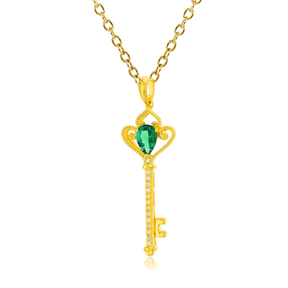 14K Yellow Gold 6x4mm PS Emerald & Rd White Sapphire Milgrain Key 18"Necklace