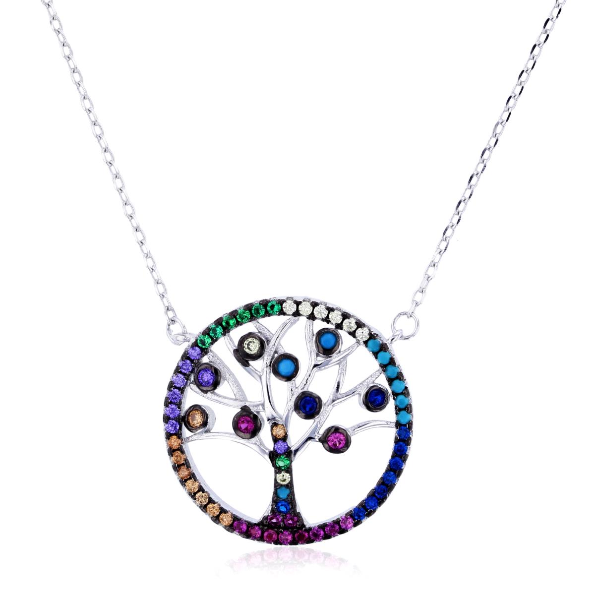 Sterling Silver Rhodium Multi Color CZ Tree Of Life 16"+2" Necklace