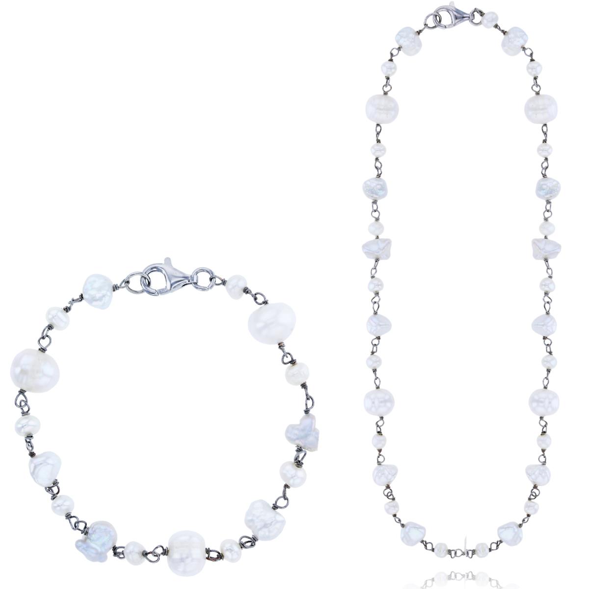 Sterling Silver Rhodium Dyed FWP & Nugget Kashi FWP 7.25" Bracelet & 18" Necklace Set