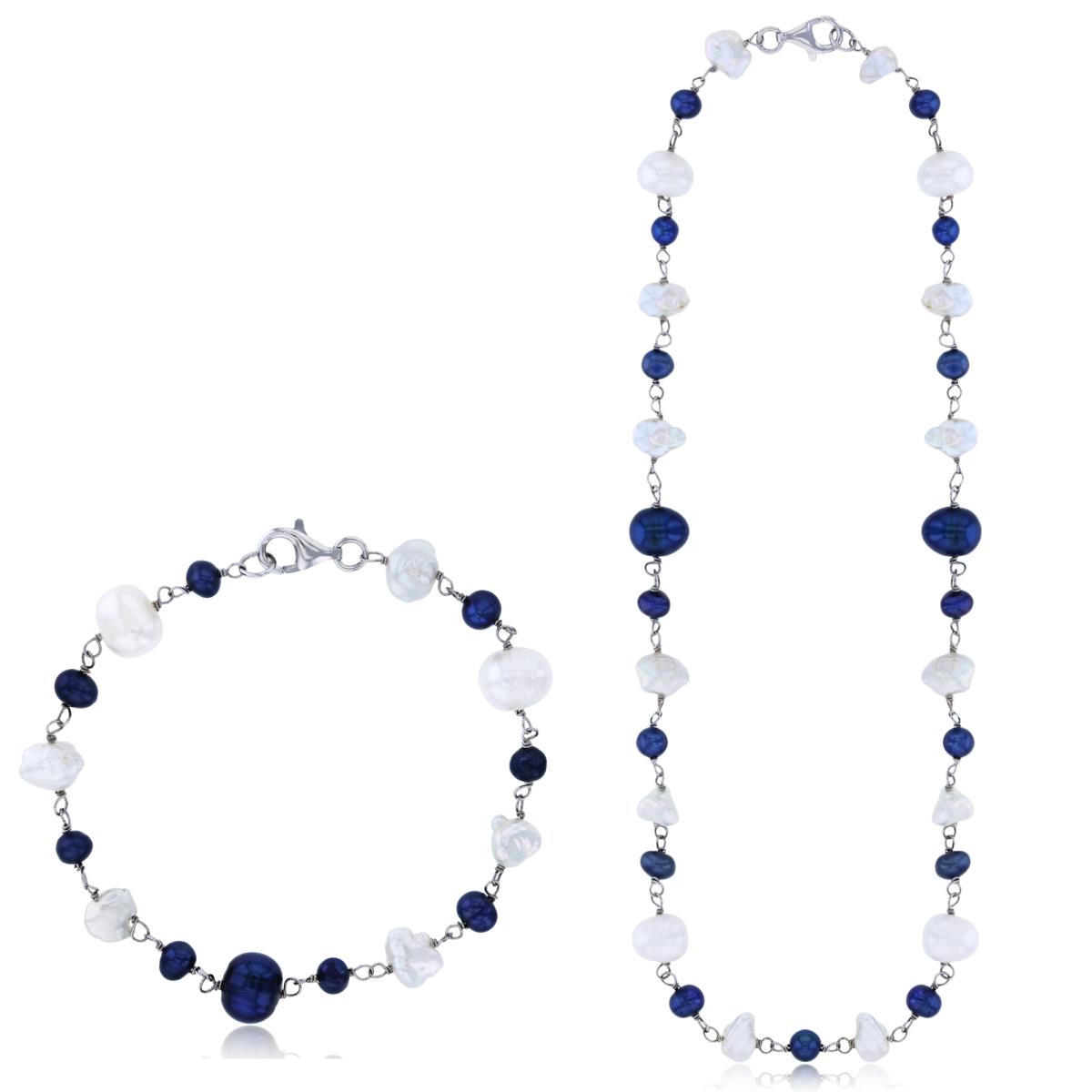 Sterling Silver Rhodium Dyed Blue FWP & Nugget Kashi FWP 7.5" Bracelet & 18" Necklace Set