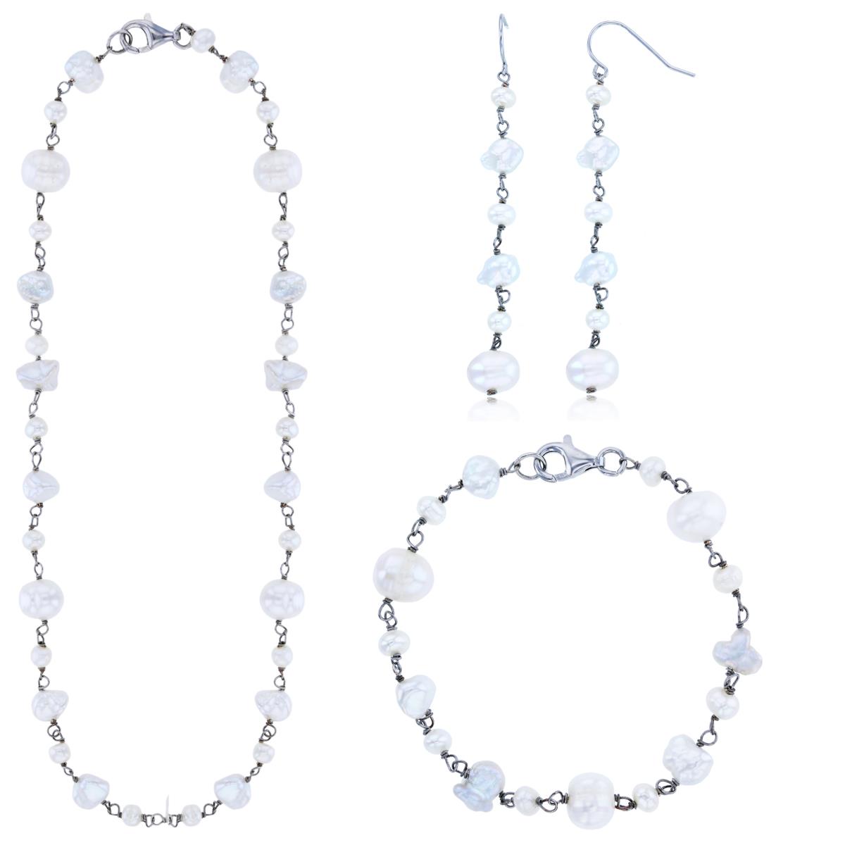 Sterling Silver Rhodium Dyed FWP & Nugget Kashi FWP 7.25" Bracelet/18" Necklace/Earring Set
