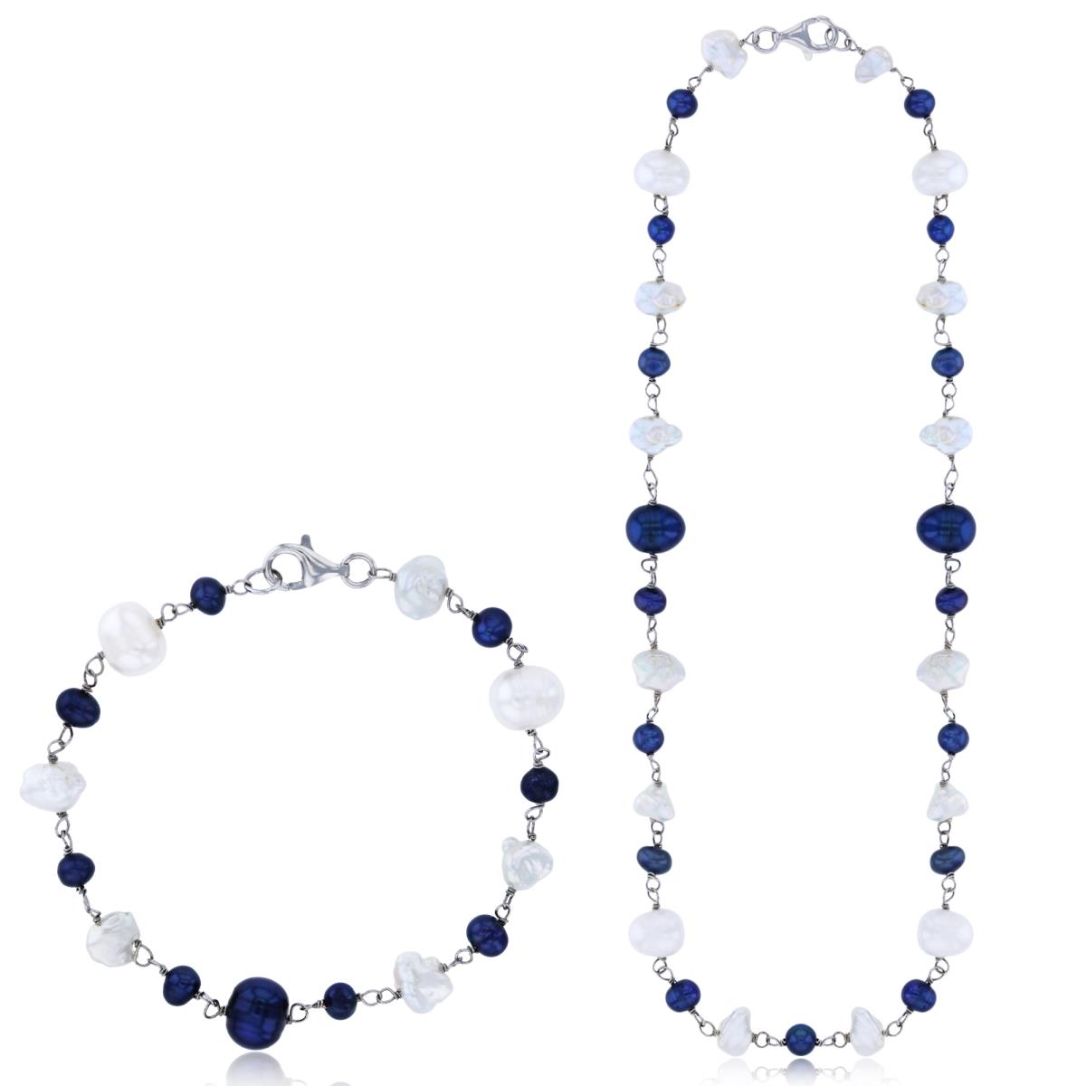 Sterling Silver Rhodium Dyed Blue FWP & Nugget Kashi FWP 7.25" Bracelet/18" Necklace/Earring Set