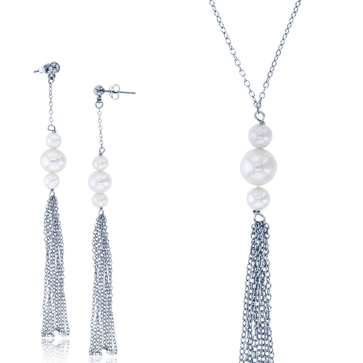 Sterling Silver Rhodium Freshwater Pearls Tassle 18" Necklace & Earring Set