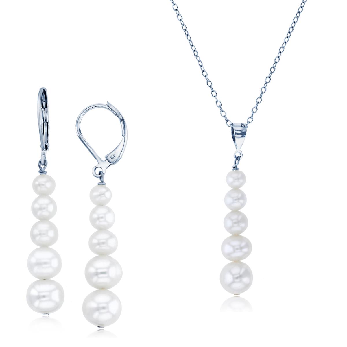 Sterling Silver Rhodium Graduated Freshwater Pearl 18" Necklace & Earring Set