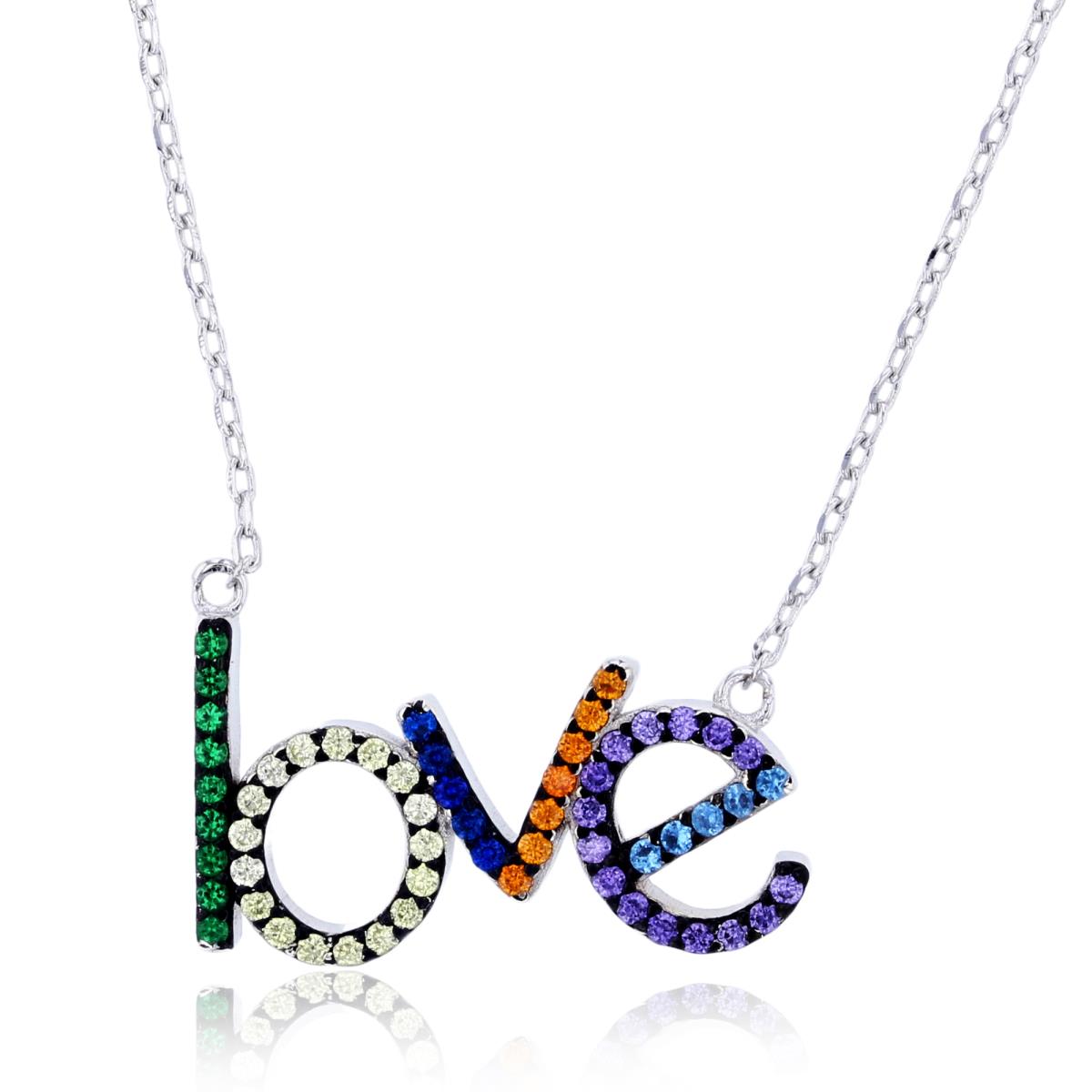 Sterling Silver Rhodium Multi Color CZ "Love" 17"+2" Necklace