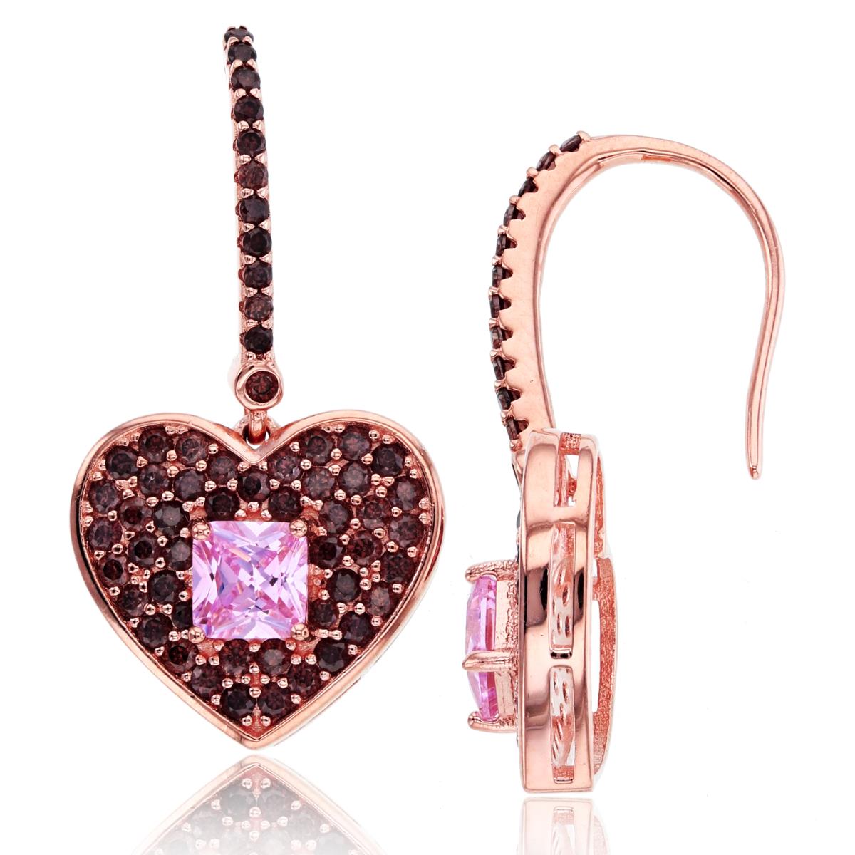 Sterling Silver Rose 5mm Princess Pink & Rnd Brown CZ Heart Dangling Earring