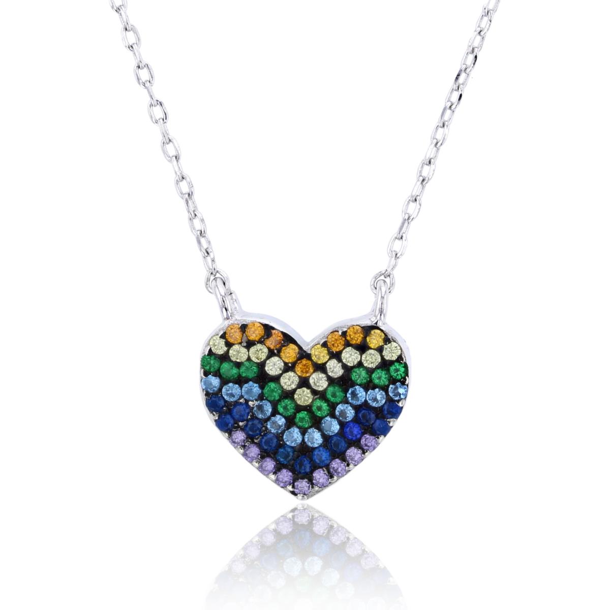 Sterling Silver Rhodium Multi Color CZ Heart 2-Layered 16"+2" Necklace