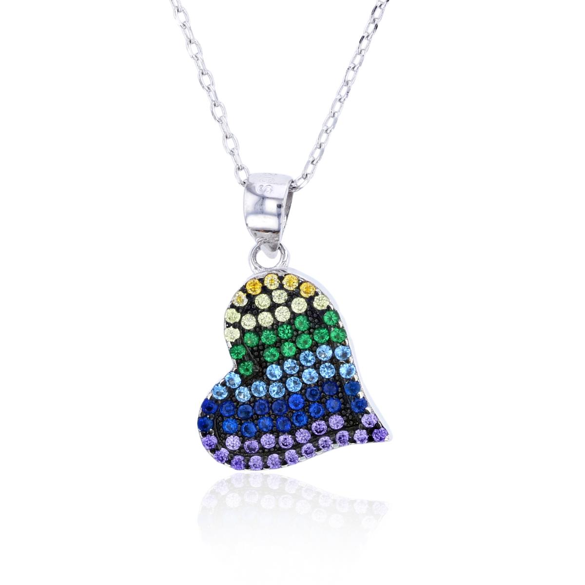 Sterling Silver Rhodium Multi Color CZ Heart 16"+2" Necklace