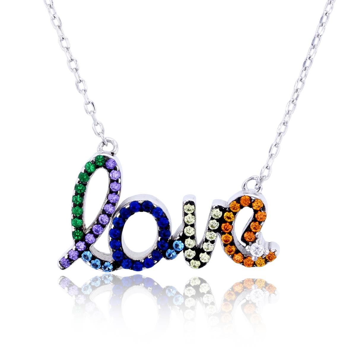 Sterling Silver Rhodium Multi Color CZ "Love" 17"+2" Necklace