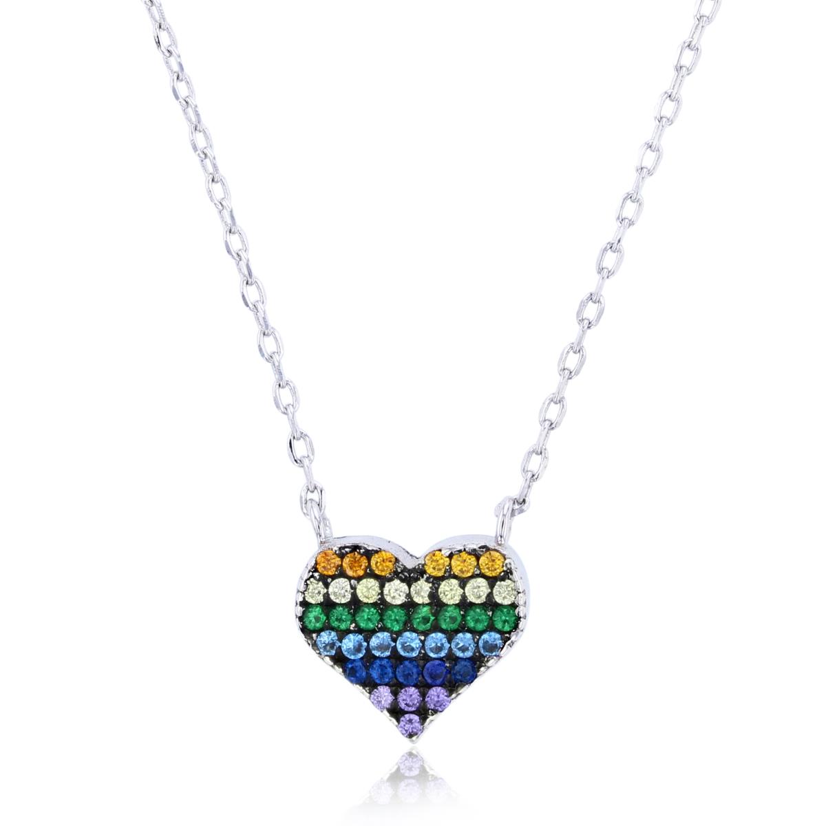 Sterling Silver Rhodium Multi Color CZ Paved Heart 16"+2" Necklace