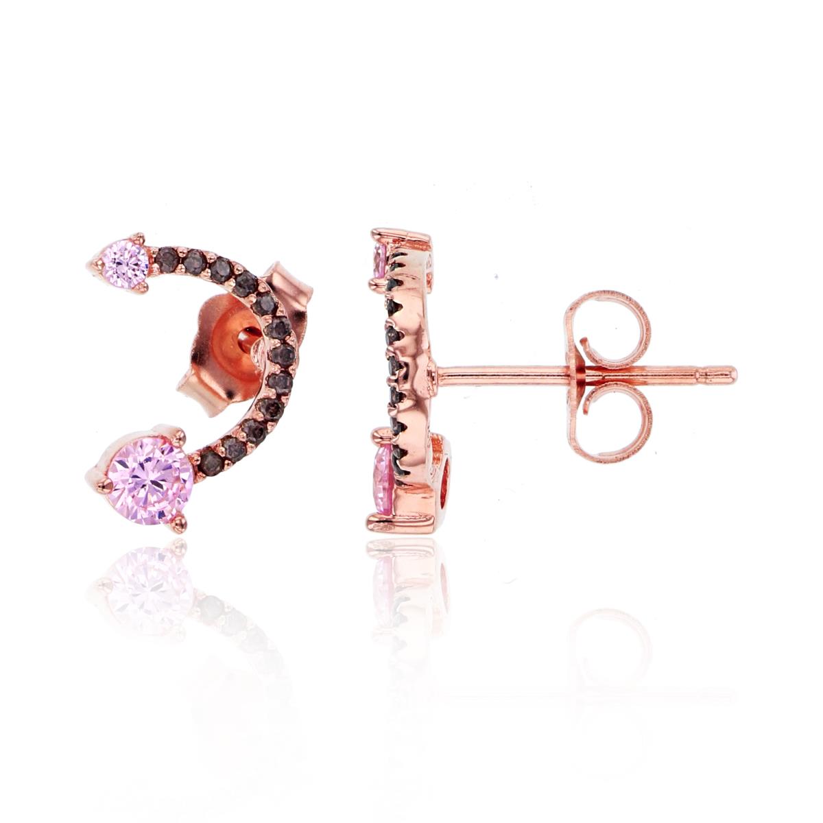 Sterling Silver Rose Rnd Pink & Coffee CZ Bend Row Studs