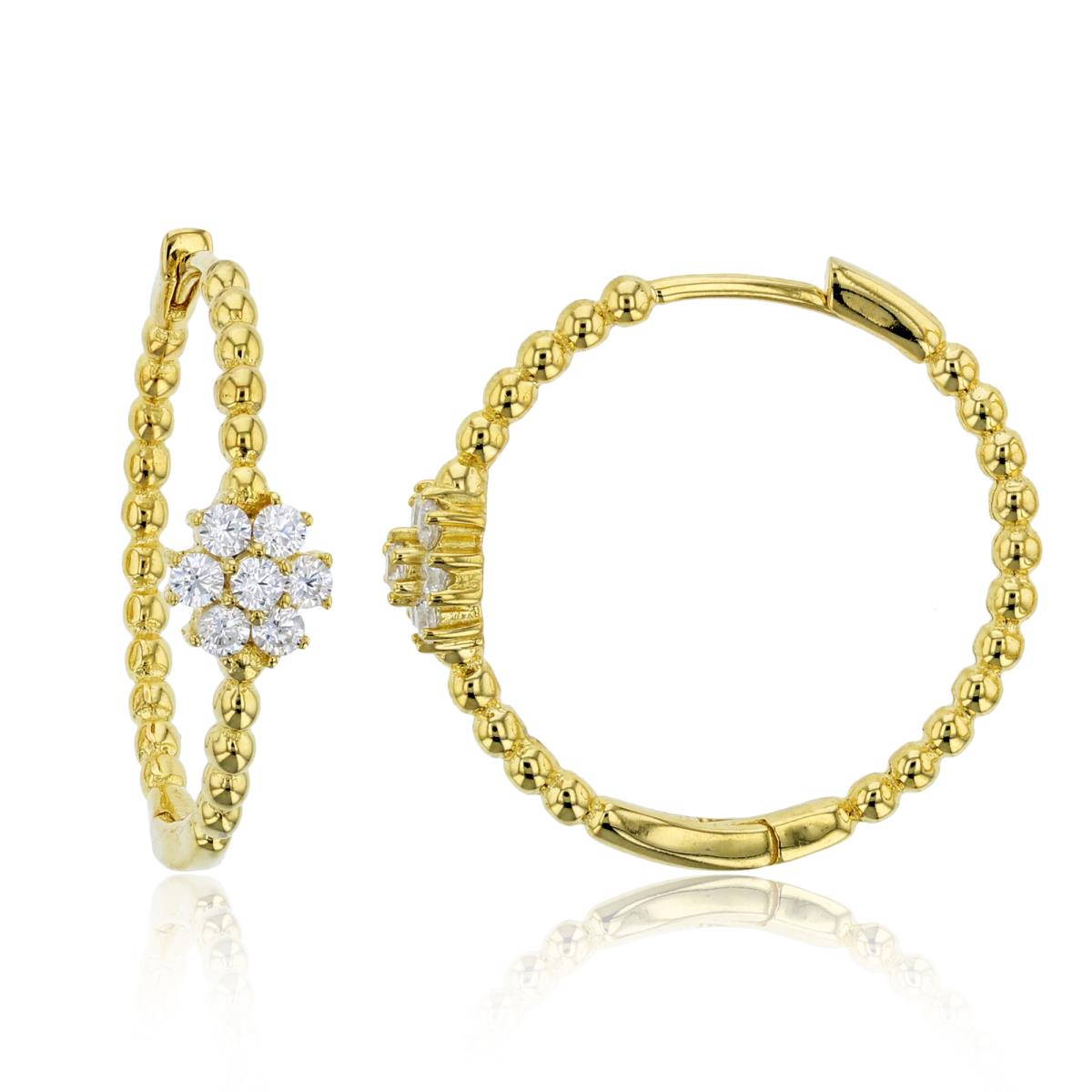 Sterling Silver+1Micron Yellow Gold Rnd CZ Flower on 24X6mm Hoop Beaded Earrings