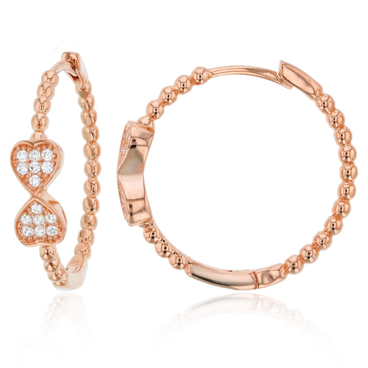 Sterling Silver+1Micron Rose Gold Rnd CZ Upside Down Hearts on 24X6mm Hoop Beaded Earrings