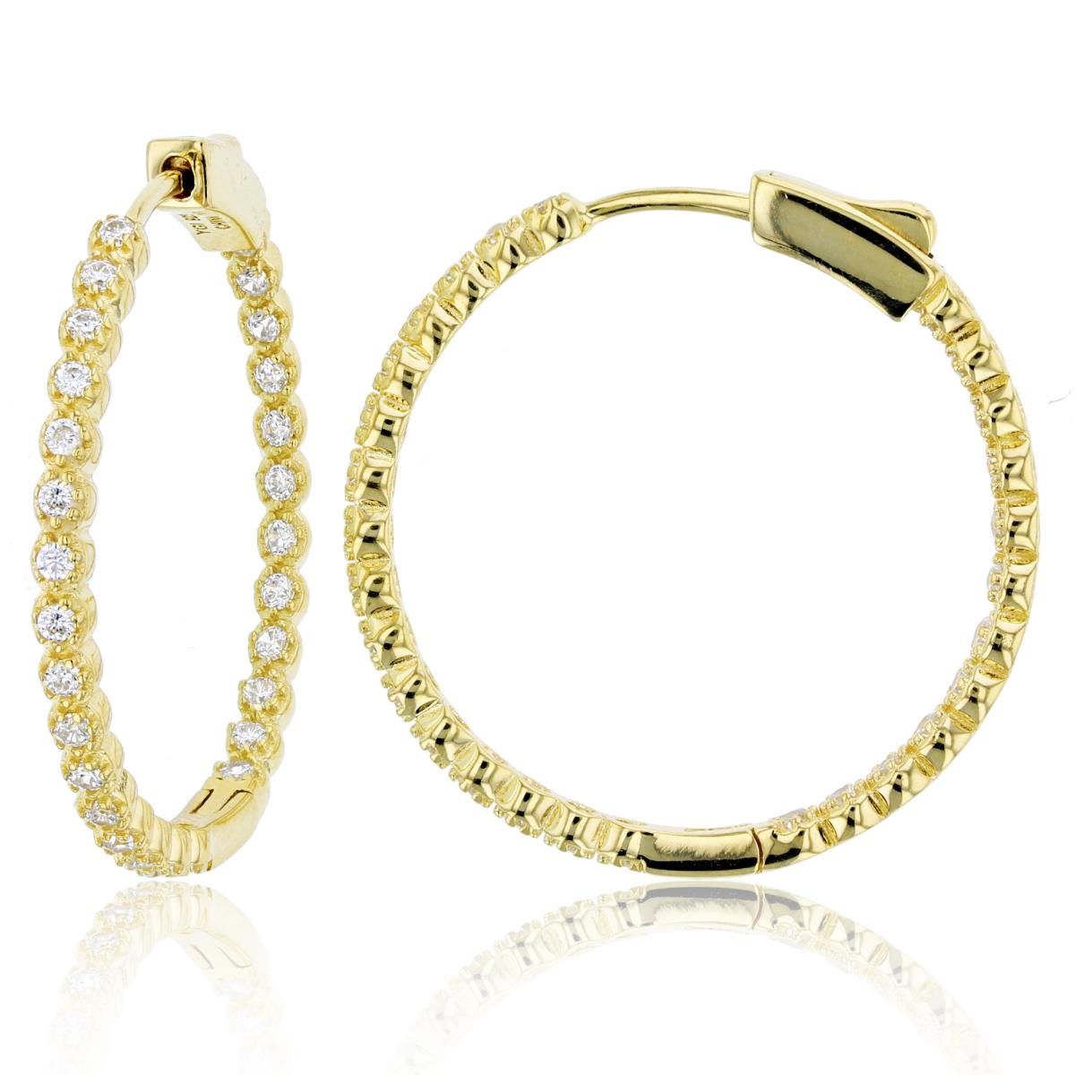 Sterling Silver+1Micron Yellow Gold Inner & Out Rnd CZ 28.3X2.3mm Hoop Earrings