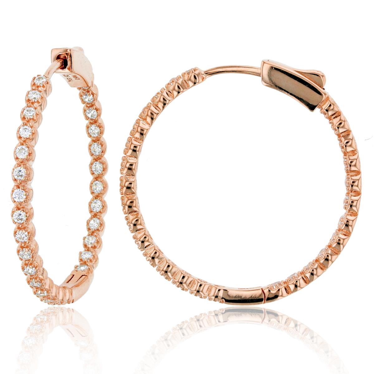 Sterling Silver+1Micron Rose Gold Inner & Out Rnd CZ 28.3X2.3mm Hoop Earrings