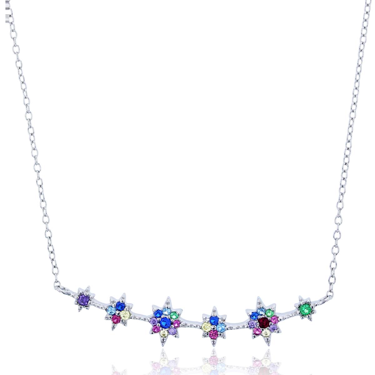 Sterling Silver Rhodium Rnd Multicolor CZ Flowers Smile 18"Necklace