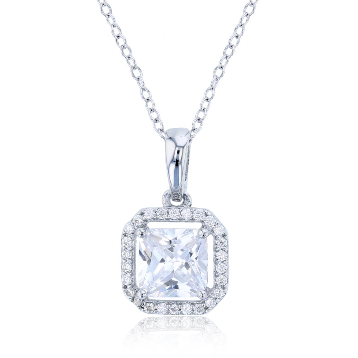 Sterling Silver Rhodium 6mm Square CZ Halo 18" Necklace