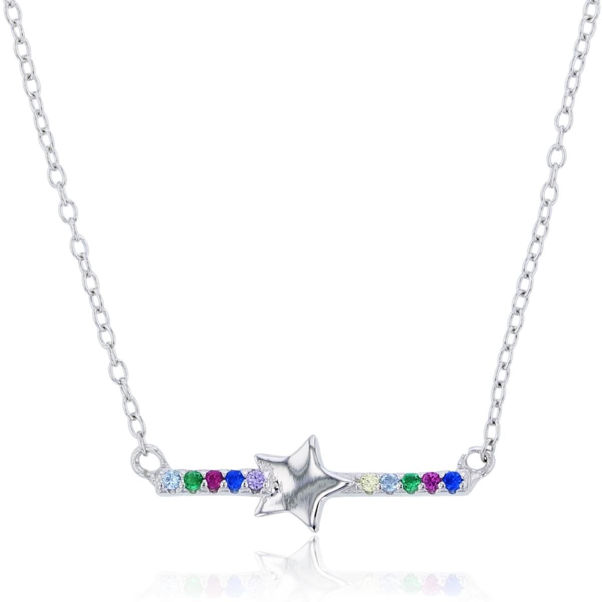 Sterling Silver Rhodium High Polished Star on Rnd Multicolor CZ Bar 18"Necklace
