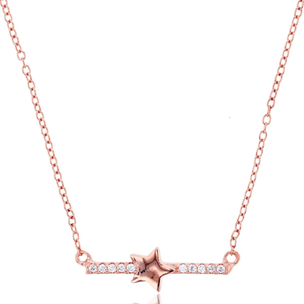 Sterling Silver+1Micron Rose High Polished Star on Rnd White CZ Bar 18"Necklace