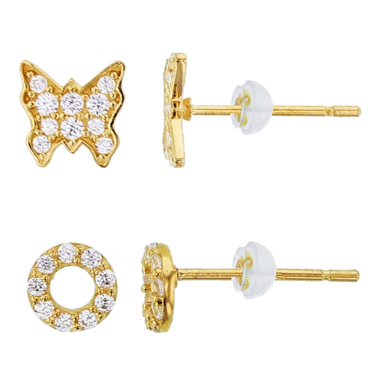 10K Yellow Gold Rnd CZ Open Circle & Butterfly Studs with Silicone Backs