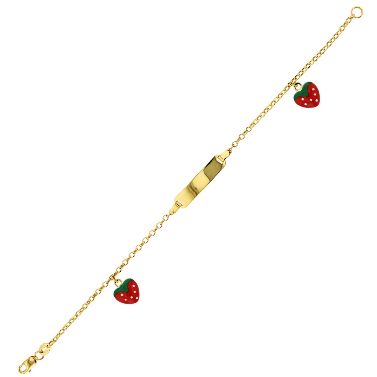 14K Yellow Gold Enamel 20x4.5mm Strawberry 6" DC Cable ID Baby Bracelet