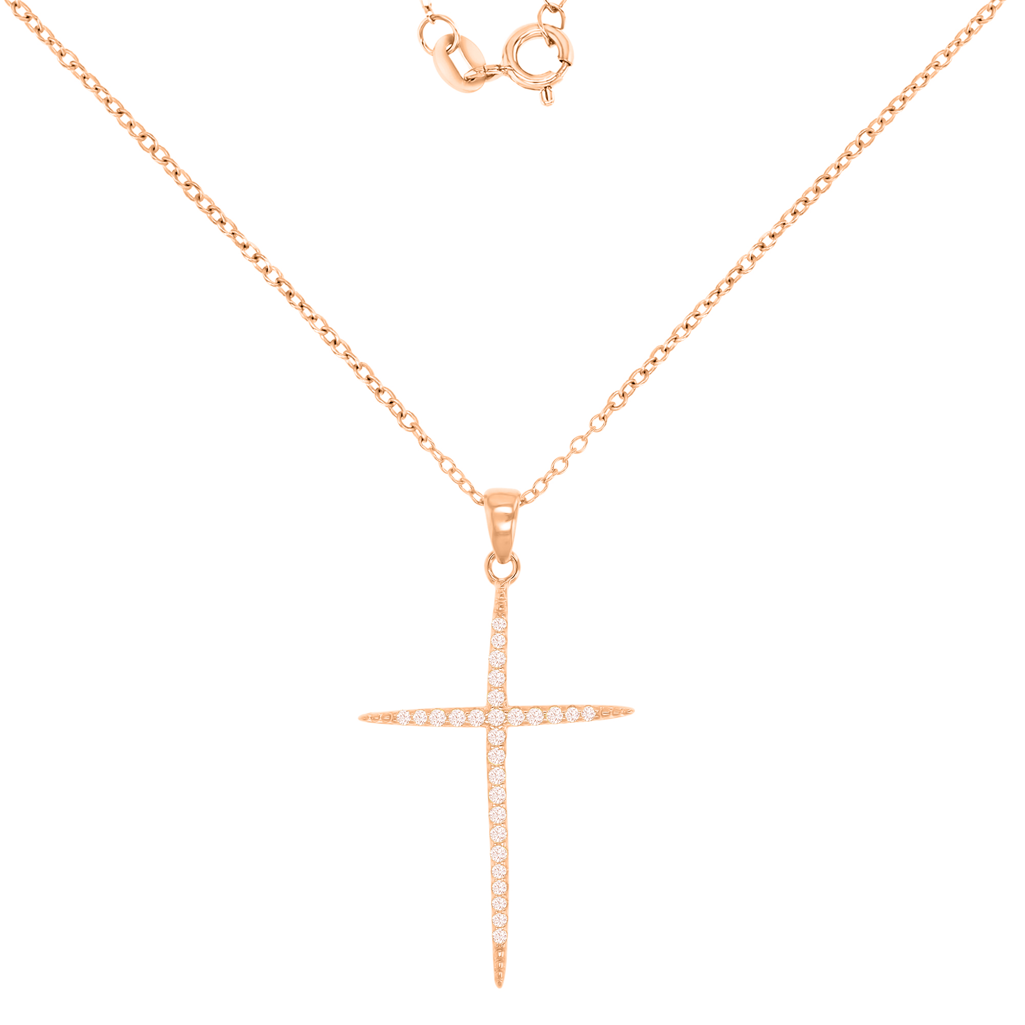 Sterling Silver+1Micron Rose Gold Rnd Morganite CZ Cross 18"Necklace