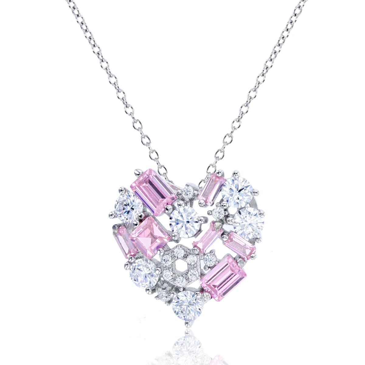 Sterling Silver Rhodium SB/Princess Pink & Rnd White CZ Scattered Heart 18"Necklace