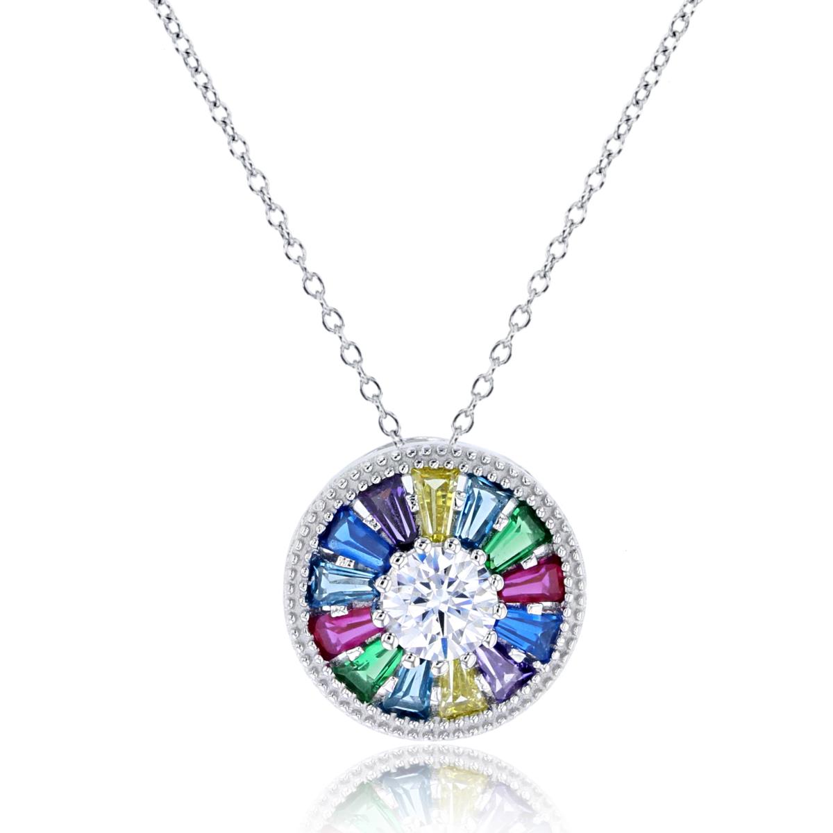 Sterling Silver Rhodium TB Multicolor CZ & 4.75mm Rnd White CZ Textured Circle 18"Necklace