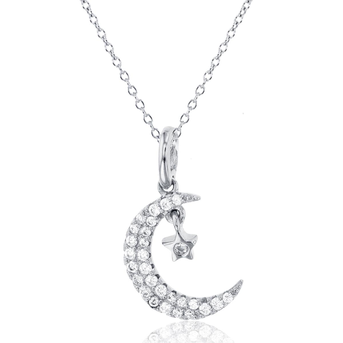 Sterling Silver Rhodium Rnd CZ Moon/Star 18"Necklace