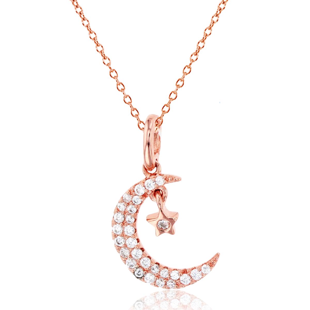 Sterling Silver+1Micron Rose Gold Rnd CZ Moon/Star 18"Necklace
