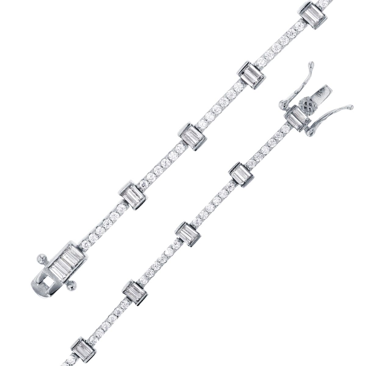 Sterling Silver Rhodium Alternate Rnd CZ Row & SB CZ Clusters Linked 7"Bracelet