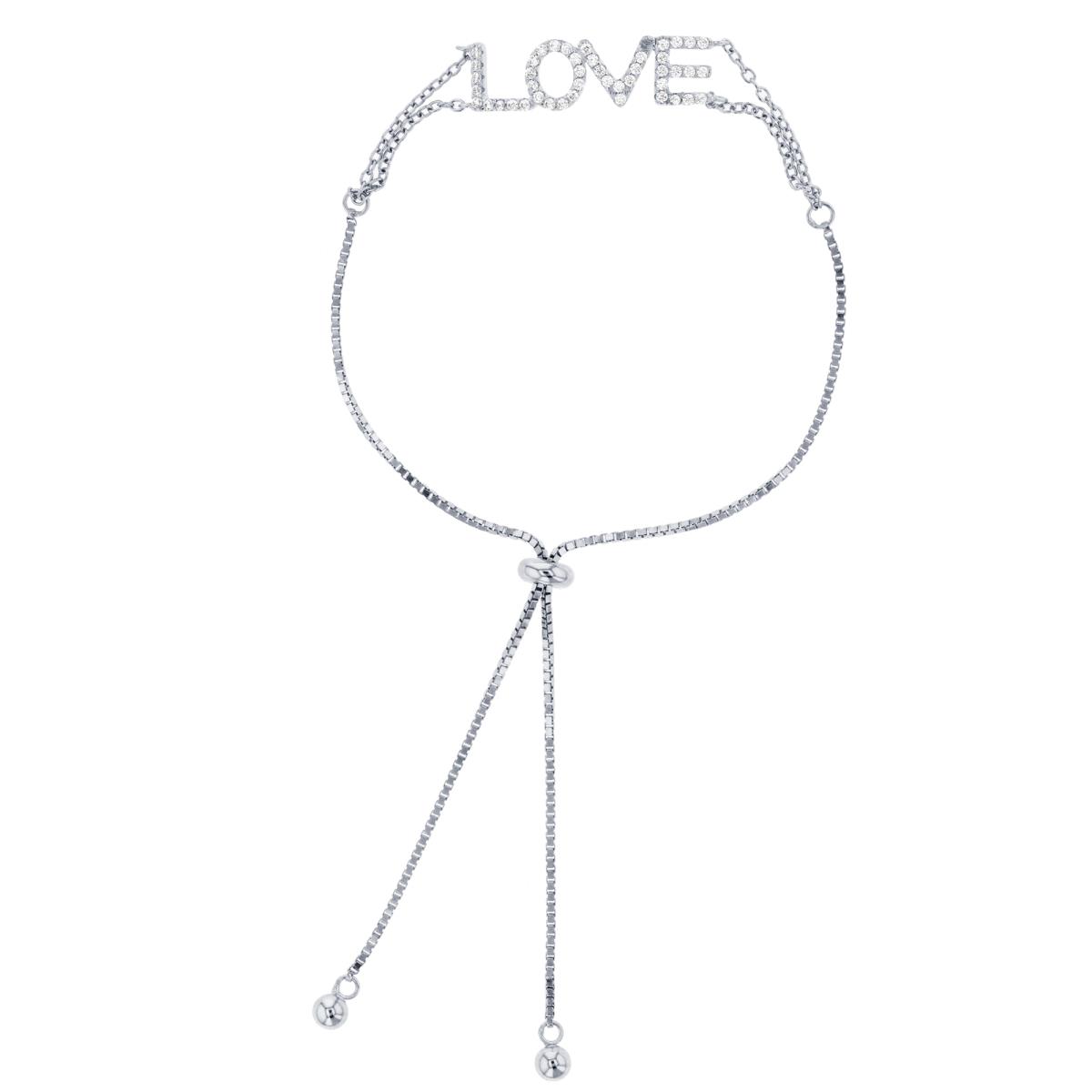 Sterling Silver Rhodium Rnd White CZ "LOVE" Adjustable Bolo Bracelet