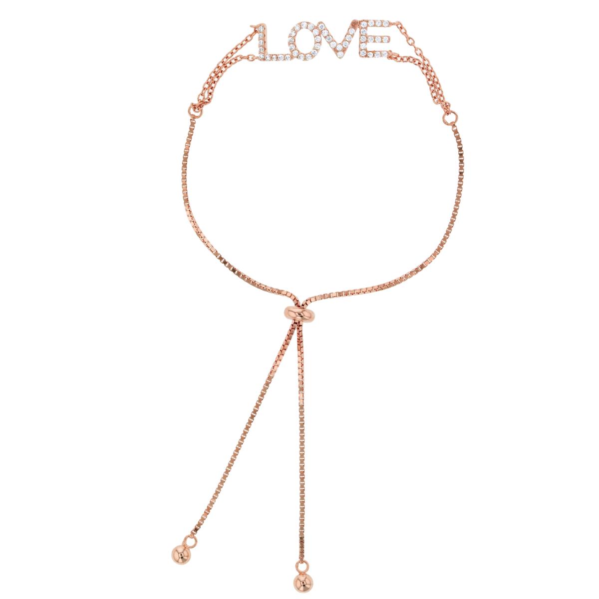 Sterling Silver Rose Rnd White CZ "LOVE" Adjustable Bolo Bracelet