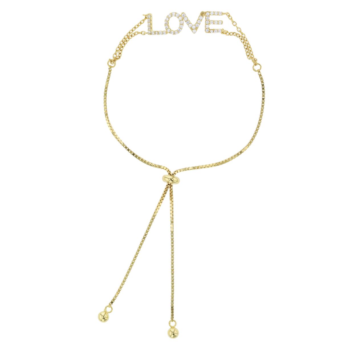 Sterling Silver+1Micron Yellow Gold Rnd White CZ "LOVE" Adjustable Bolo Bracelet