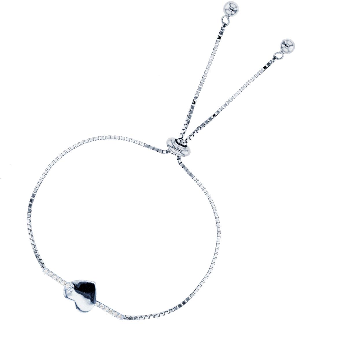Brass Rhodium Rnd White CZ Arrow Through High Polished Heart Adjustable Bolo Bracelet