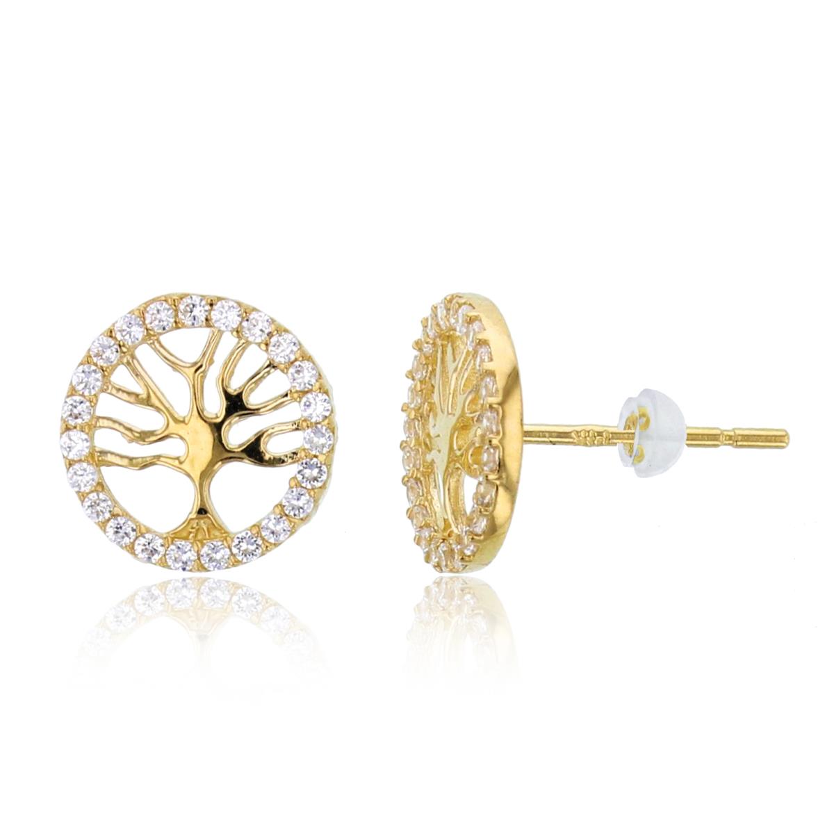14K Yellow Gold Rnd CZ "Tree of Life" Circle Studs with Silicon Backs